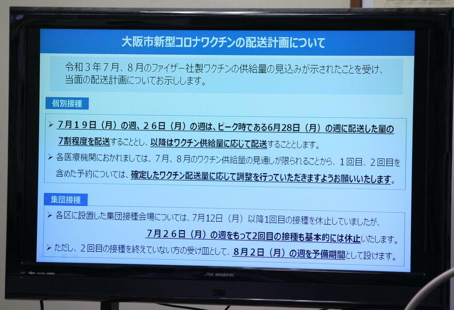 今後のワクチン配送計画。来週と再来週はピーク時の7割程度を配送