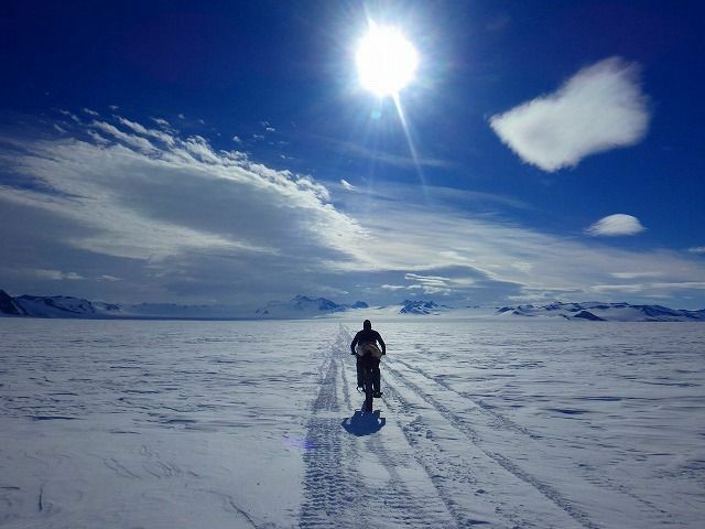 [写真]南極の輝く雪面を走る大島さん（本人提供）