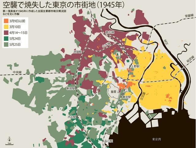 空襲で焼失した東京の市街地（1945年）