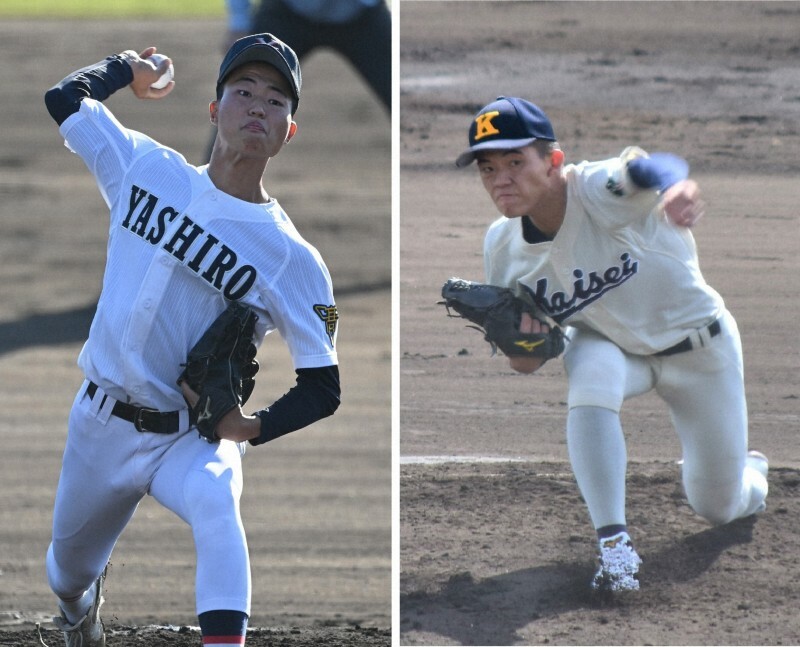 海星の吉田翔投手（右）と社の高橋大和投手