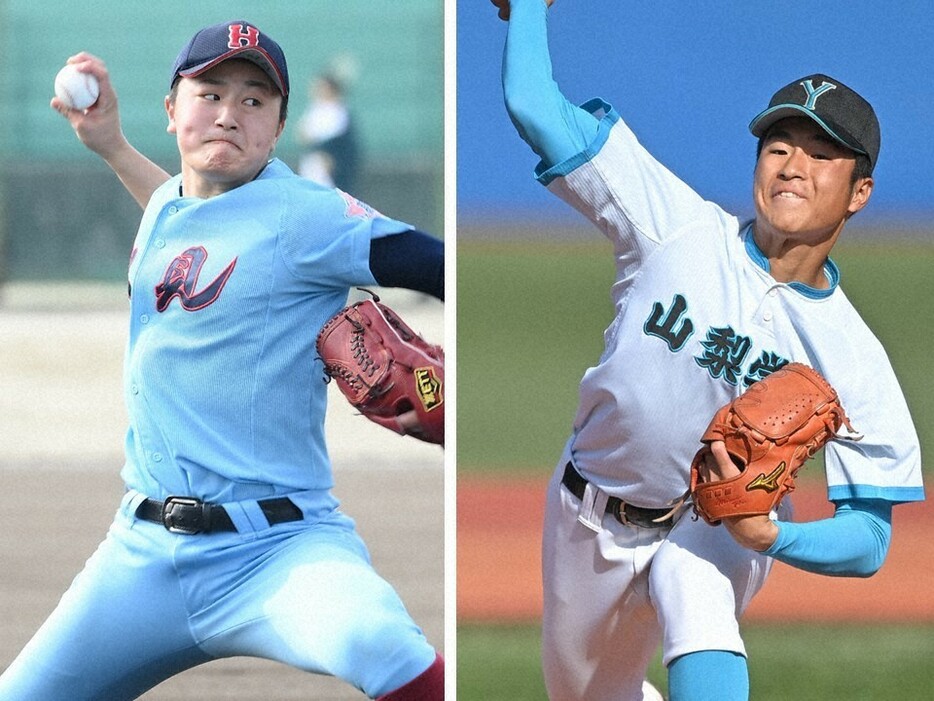 氷見の青野拓海投手（左）と山梨学院の林謙吾投手