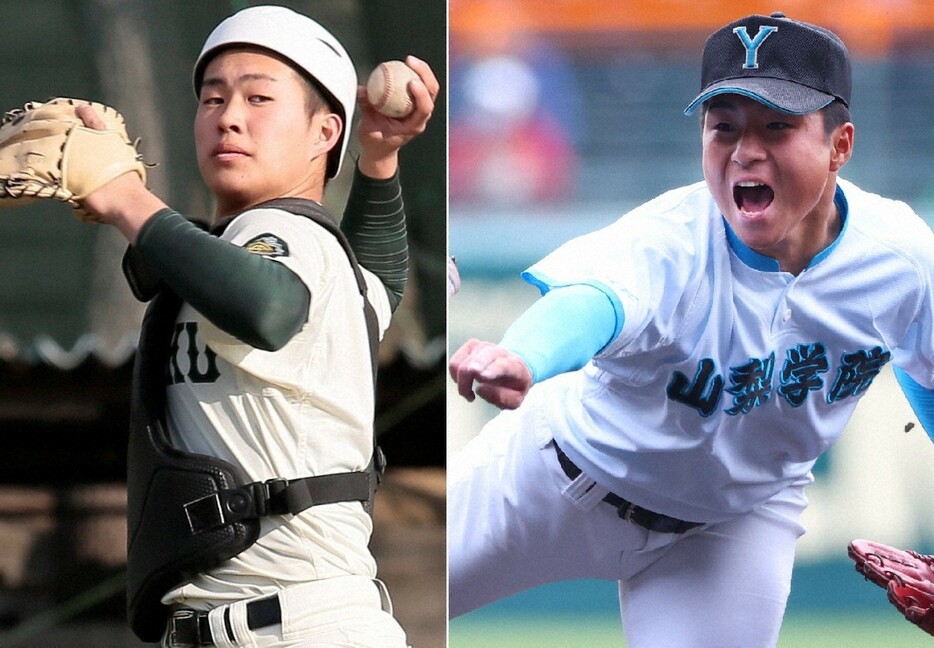 報徳学園の堀柊那（左）と山梨学院の林謙吾