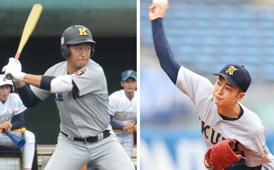 仙台育英の高橋煌稀投手（右）と慶応の清原勝児選手