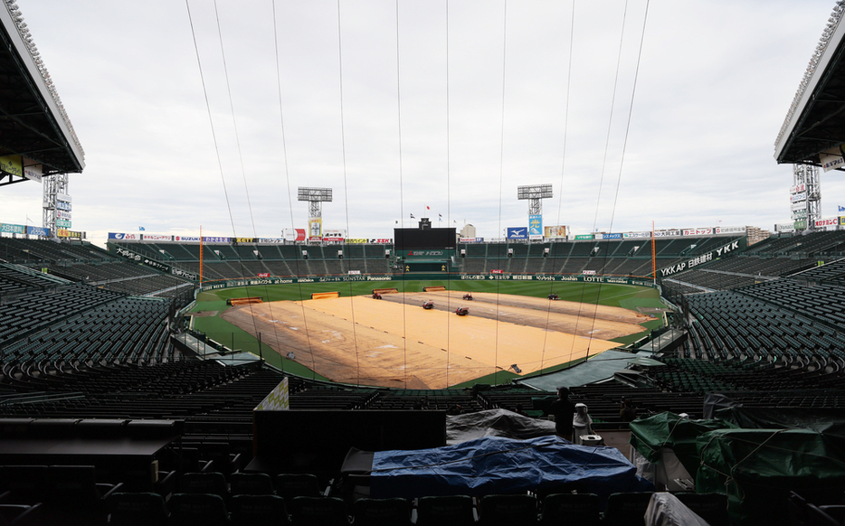 天候不良で試合が順延になり、グラウンドに敷かれたシート＝阪神甲子園球場で２０２３年３月２３日、中川祐一撮影