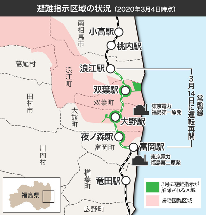 [地図]福島第1原発事故の避難指示区域（2020年3月10日現在）