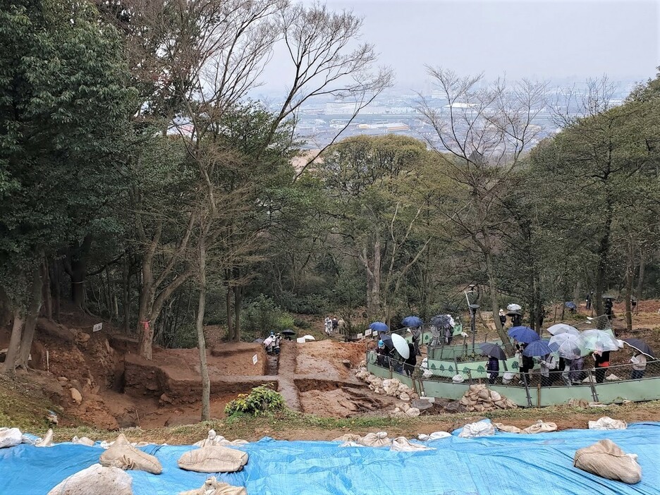 現場を上部から見下ろすと木々の向こうに小牧の町並みが見えるので、高さがわかるだろう