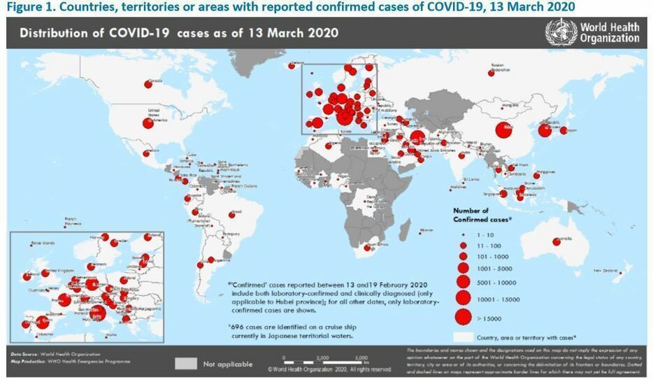 [画像]世界の感染状況を示した地図。ヨーロッパでの感染の広がりが分かる（WHOの13日付シチュエーションレポートより）