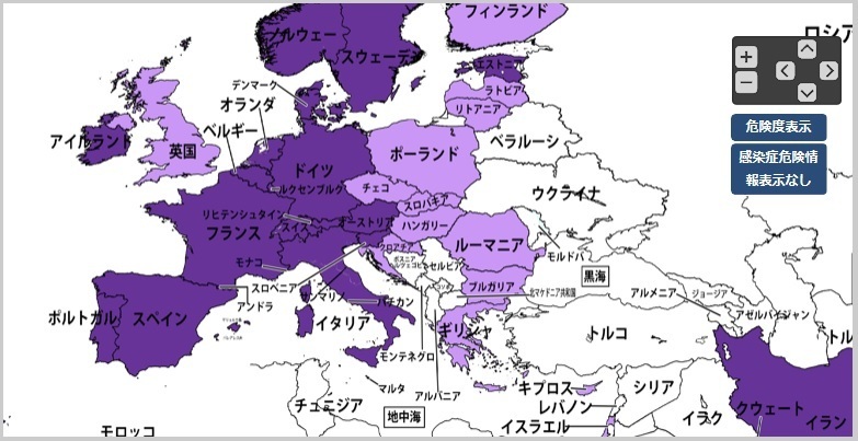 外務省のHPに掲載された欧州や周辺国の地図。3月30日時点での感染症危険情報が色別に分かれている。