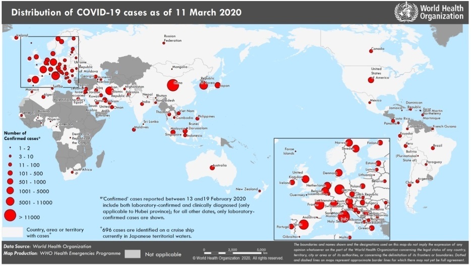 3月11日時点で確認された感染者の分布（WHOの資料より）