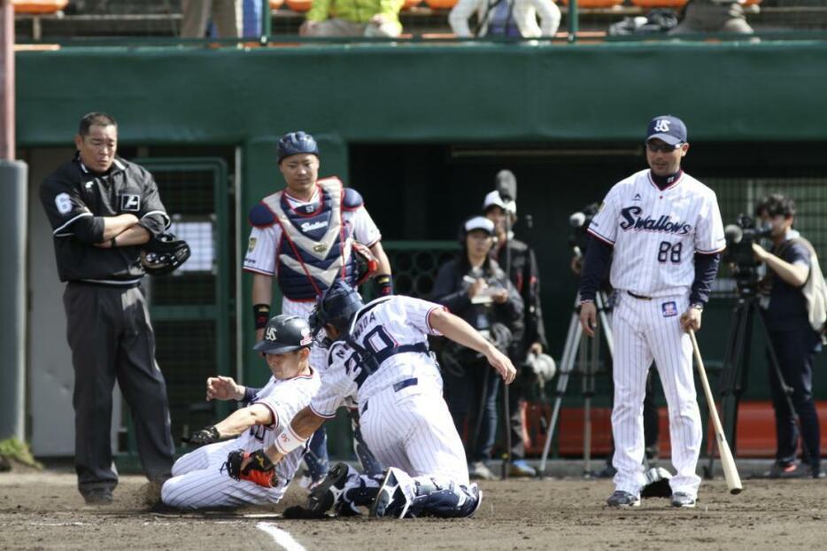 ヤクルトは危険タックルとブロックを禁止した新ルールでのクロスプレーを実戦テストした（写真・黒田史夫）