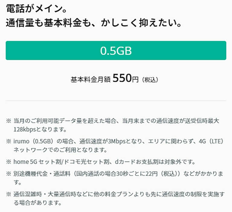 月0.5GBプランは月額550円で割引はありません。また、高速5Gに非対応で4G(LTE)のみ。最大速度も3Mbpsに抑えられています（画像はirumo公式サイトより引用）