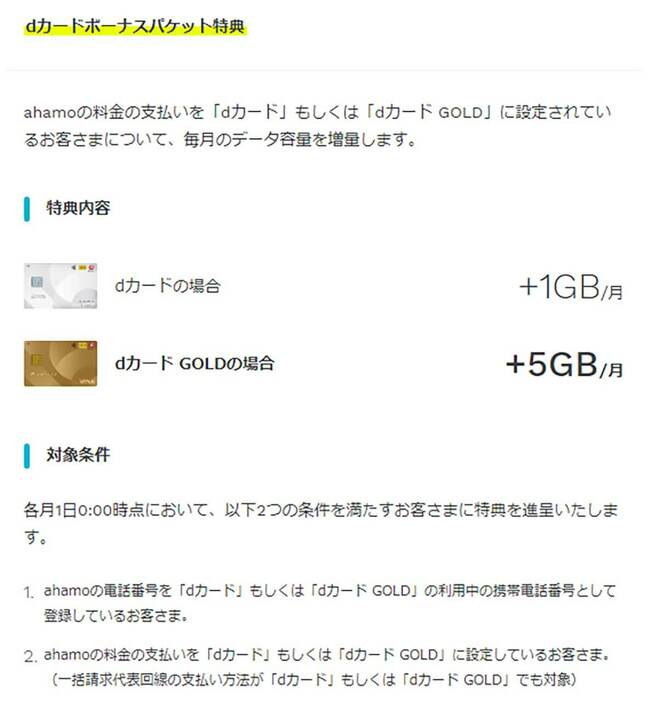 ahamoの料金の支払いはdカードにすると毎月＋1GB、dカード GOLDにすれば毎月＋5GBもデータ通信量が追加されます（画像はahamo公式サイトより引用）