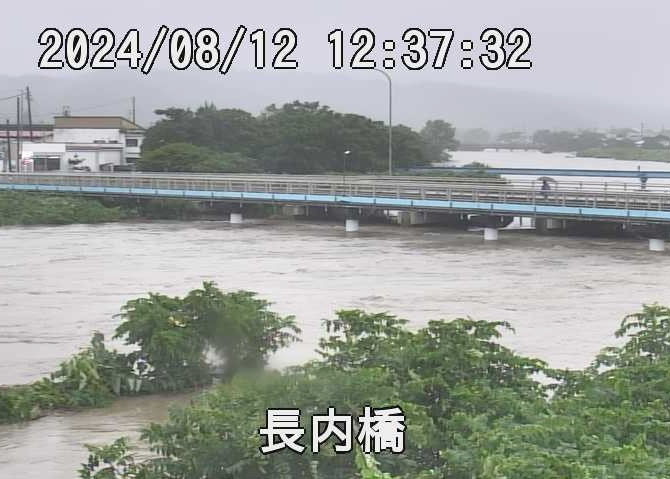 台風5号による大雨で増水した長内川＝12日午後、久慈市（県河川課提供）