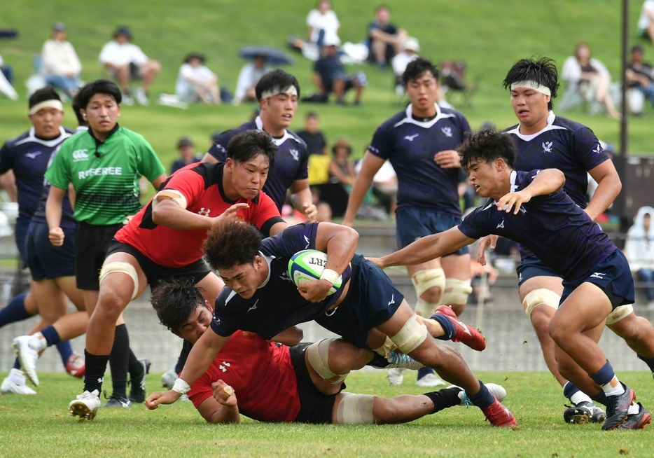 激しく競り合う明治大（紺色）と帝京大の選手たち