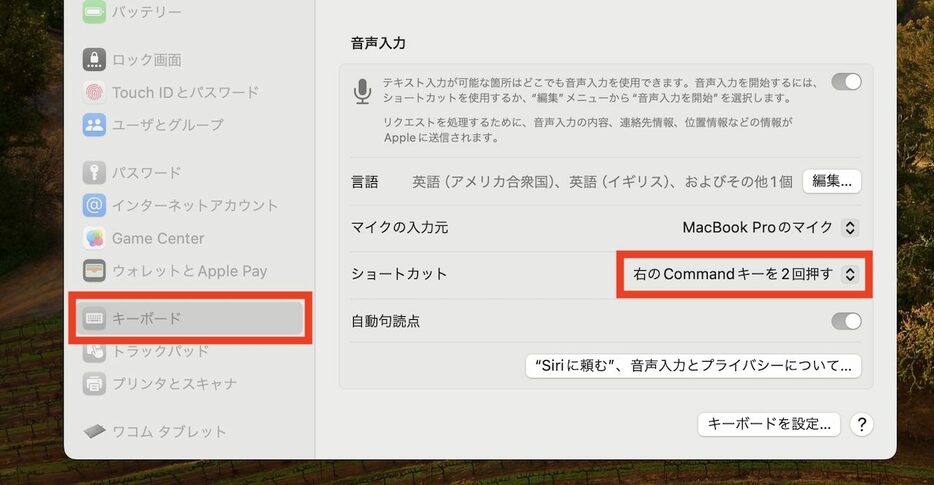 ▲システム設定から「キーボード」→「音声入力」欄にある「ショートカット」をカスタマイズ