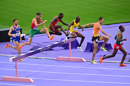 パリ五輪、陸上男子3000メートル障害予選。レースに臨む選手（2024年8月5日撮影）。