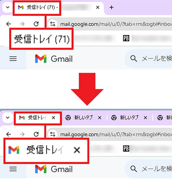 Webブラウザのタブが少ないときには、未読件数を確認できますが（上写真）、タブを大量に開いてしまうと未読件数が隠れてしまいます（下写真）。これは困りますね……