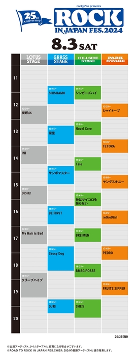 『ROCK IN JAPAN FESTIVAL 2024』8月3日タイムテーブル（※画像は6月12日時点）