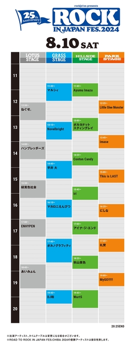 『ROCK IN JAPAN FESTIVAL 2024』8月10日タイムテーブル（※画像は6月12日時点）