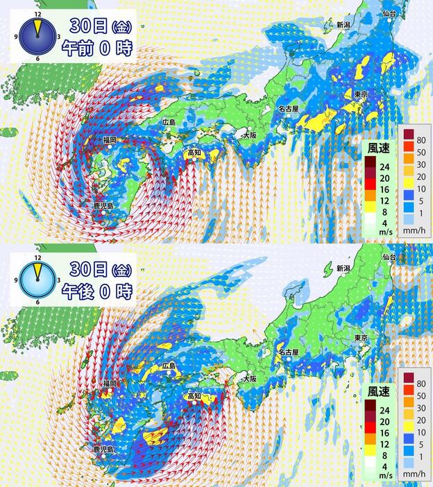 雨と風の予想（上：30日午前0時、下：30日正午）。