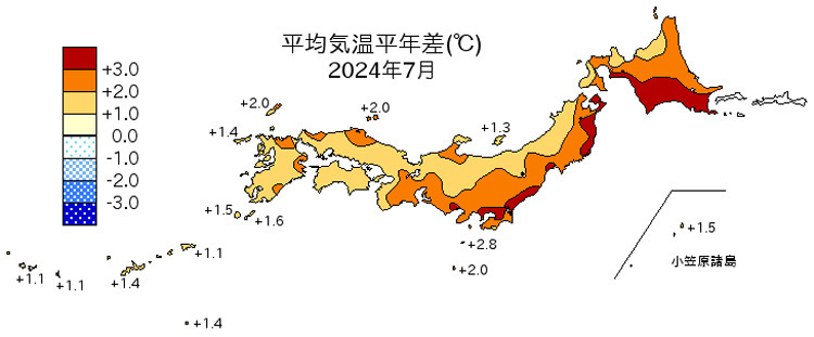 7月の平均気温の平年差の全国分布。北日本のいくつかの地域で3度以上の平年差を記録した（気象庁提供）