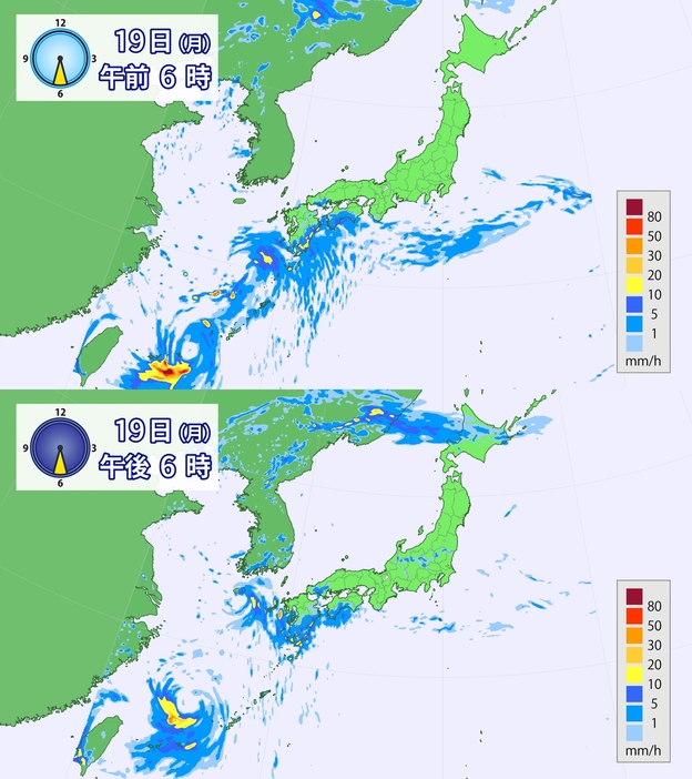 19日(月)午前6時と午後6時の雨の予想