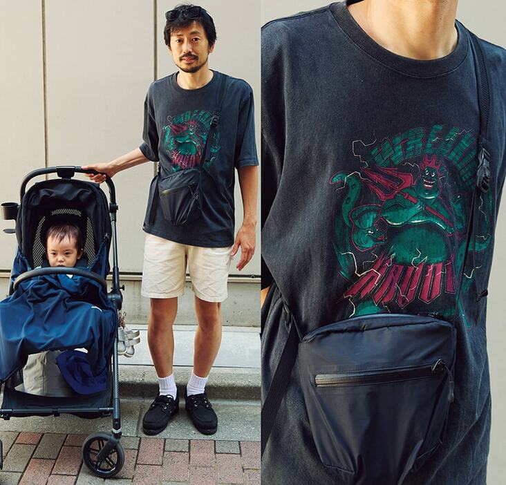 Tシャツ＝ベーセーストック　ショーツ＝ユニクロ　靴＝ティンバーランド