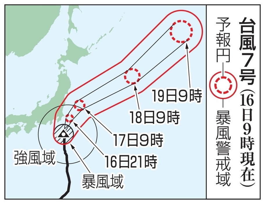 台風7号の予想進路（16日9時現在）