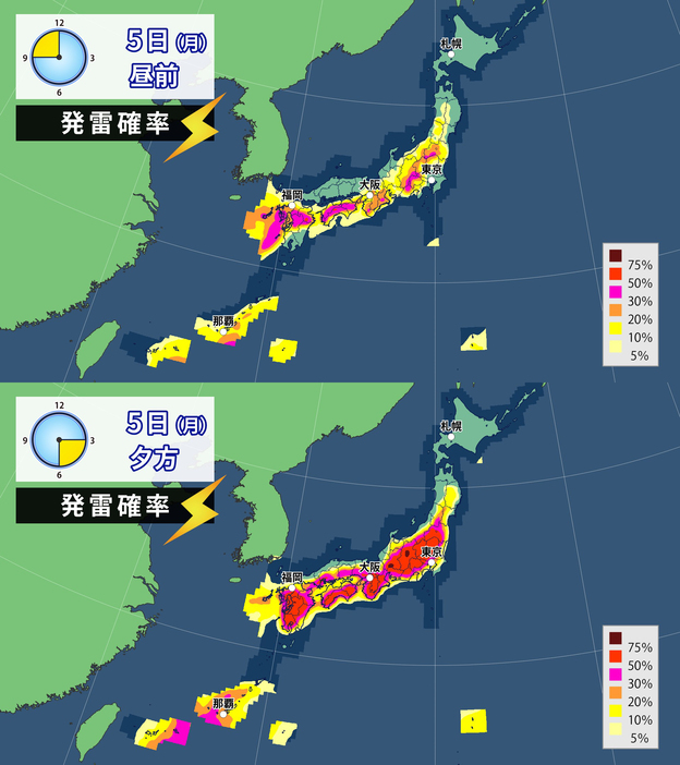 5日(月)昼前と夕方の発雷確率