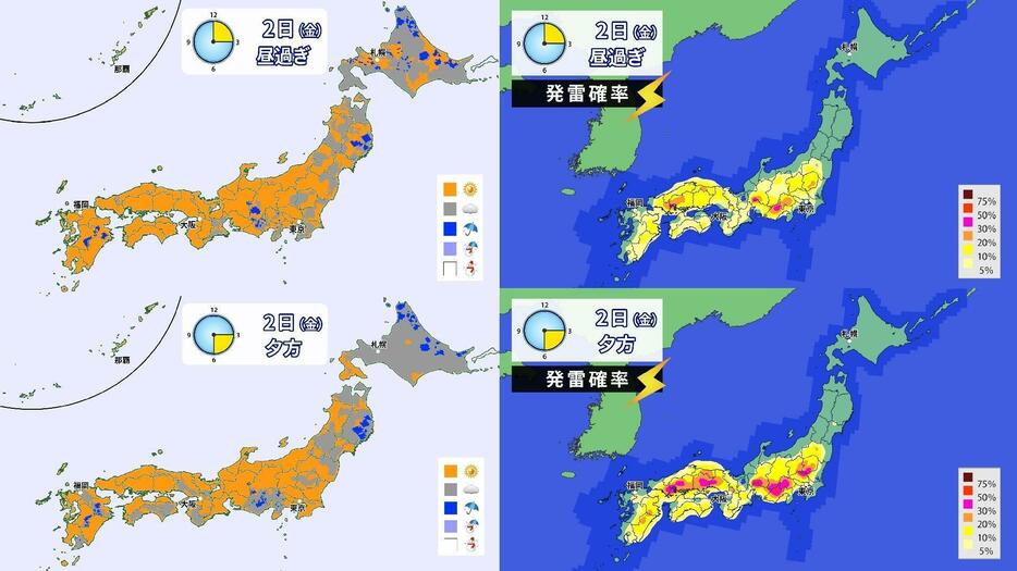 2日(金)の天気分布と発雷確率