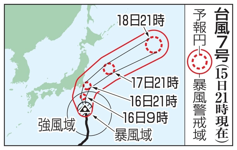 台風7号の予想進路（15日21時現在）