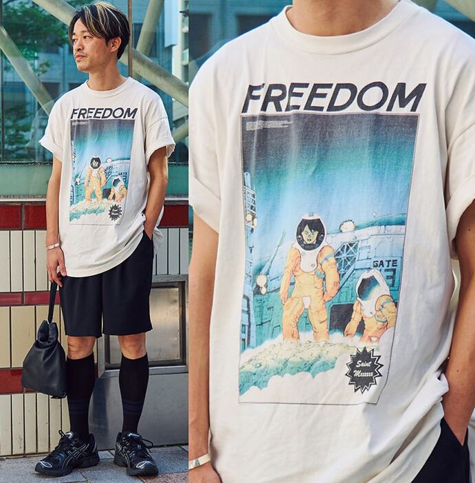 Tシャツ＝セントマイケル　ショーツ＝エープラストウキョウ　スニーカー＝アシックス　バッグ＝イッチ