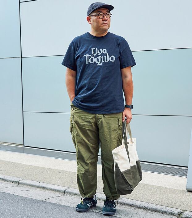 キャップ、パンツ＝ともに不明　スニーカー＝アディダス オリジナルス　バッグ＝エル・エル・ビーン　メガネ＝バディオプティカル