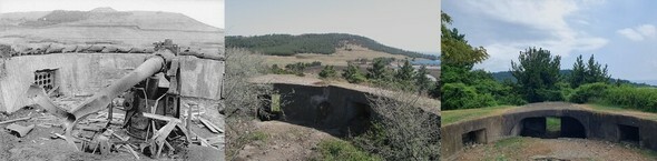 セダルオルムの上に設置された高射砲陣地の変遷。1945年10月に米軍による武装解除で破壊され（左）、木を伐採した2006年10月と木が育った今の様子。背後の松岳山の中腹には済州道民が構築した連合軍の戦車の阻止線が見えるが、今は松林となった=ホ・ホジュン記者