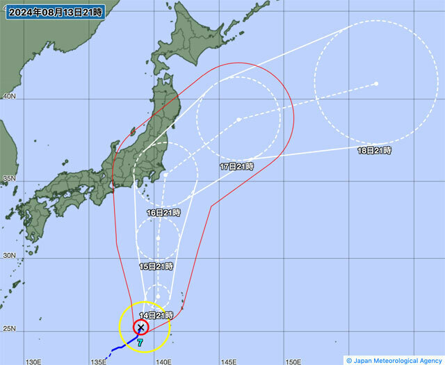 13日午後9時の台風7号の経路図（気象庁のサイトから）