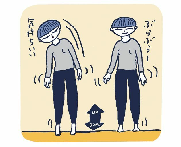 全身の力を抜いて、体と手足をぶらぶら。頭のてっぺんから体を吊るされているようなイメージで行うのがポイント。最後は深呼吸をして締める。