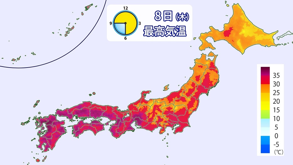 きょうの予想最高気温分布。