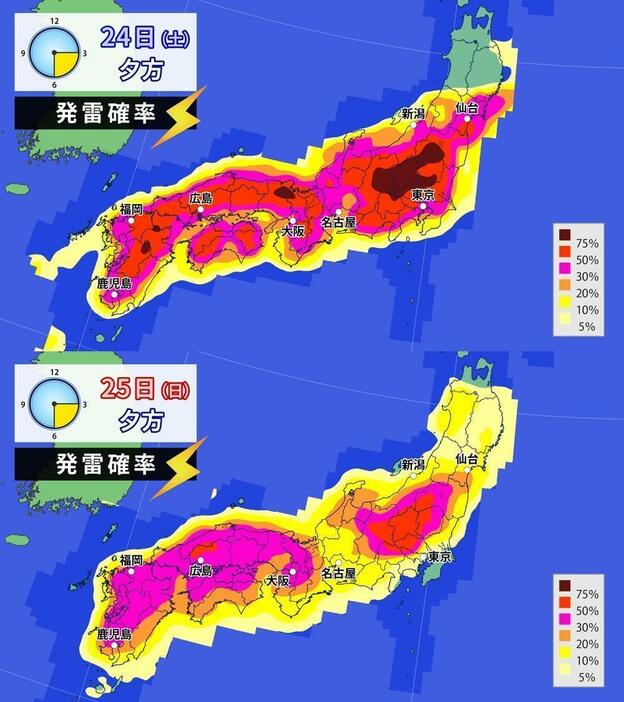 24日（土）と25日（日）の夕方の発雷確率