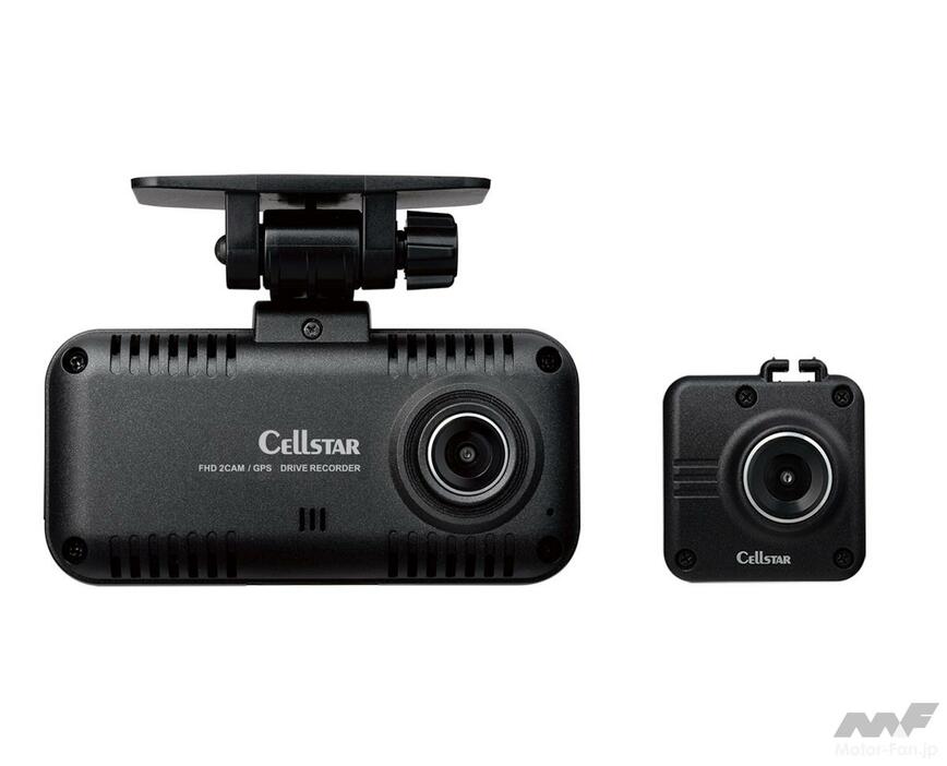 Cellstar『CS-54FH（価格：2万4800円前後/税込）』は、夜間でも鮮明な映像を記録できる2カメラドラレコ。本体サイズはW96×D27.5×H69.4mm、本体質量は約120gと非常にコンパクト。