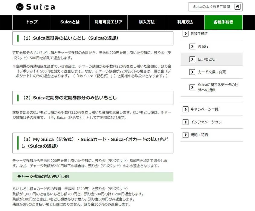 JR東日本の公式サイトにはカード式Suicaの払い戻しについて詳しく書かれていますが、手数料の処理についてはなんとも理解しがたい感じになっています（画像はJR東日本公式サイトより引用）