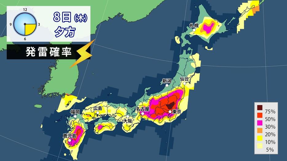 8日(木)夕方の発雷確率