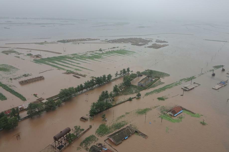 7月末の集中豪雨で平安北道新義州は広範囲にわたって冠水した。2024年7月29日の労働新聞より引用