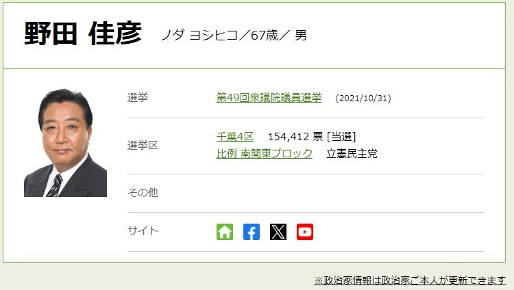 野田氏は現在9期目、総理大臣や財務相などを務める