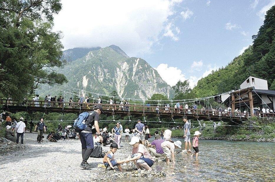 河童橋のたもとで冷たい梓川に足を入れて遊ぶ家族連れ