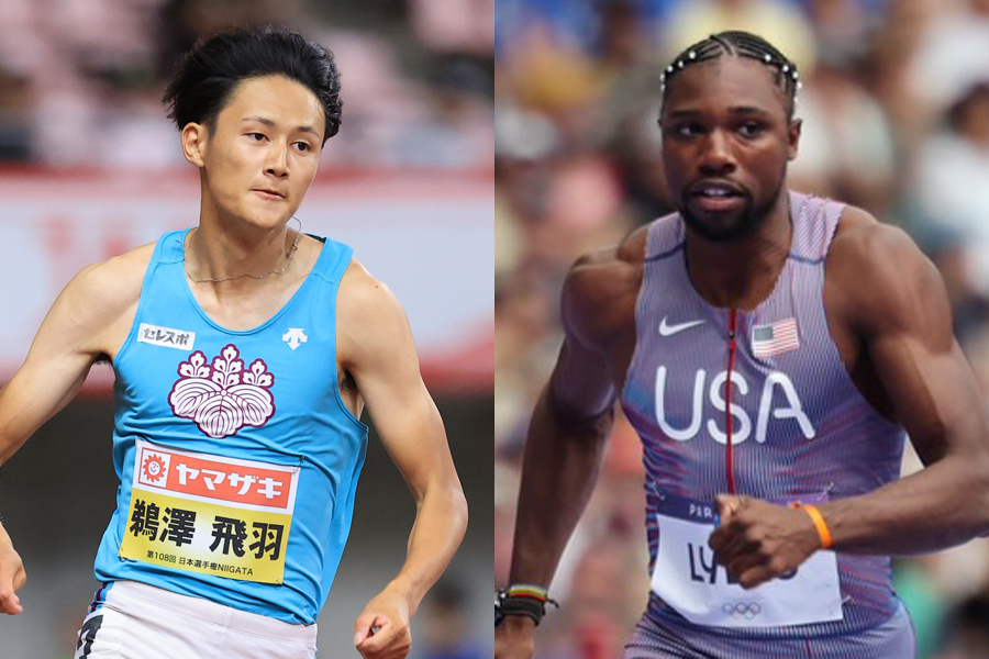 男子200m予選で同じ組に入った鵜澤飛羽とライルズ