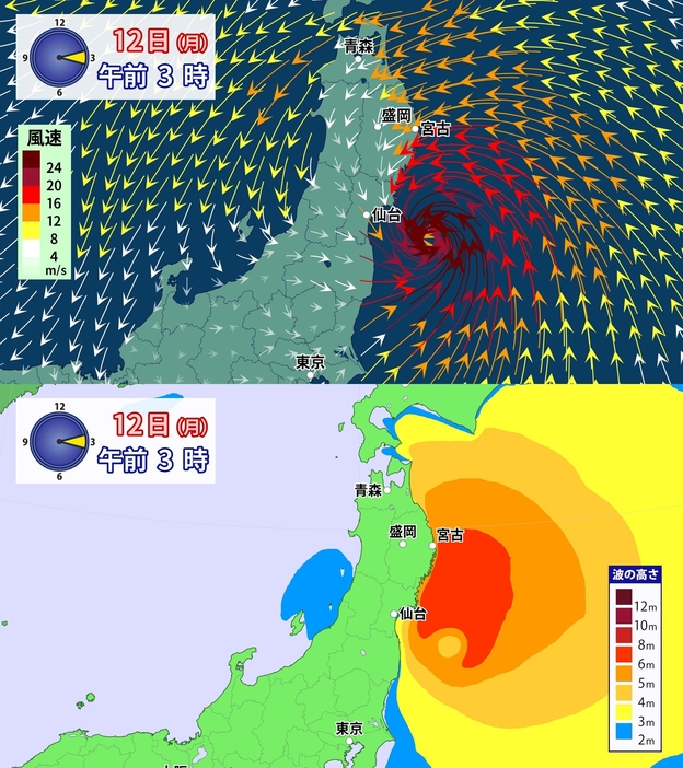 風と波の予想(いずれも12日(月)午前3時)