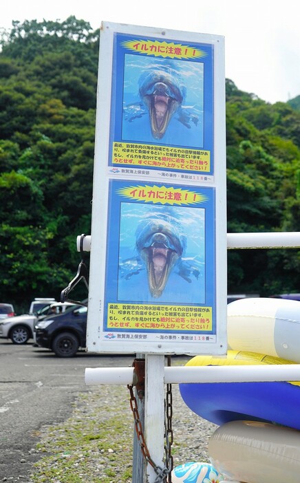 海水浴場の駐車場に設置されているイルカへの注意を呼びかける看板＝8月6日、福井県敦賀市内