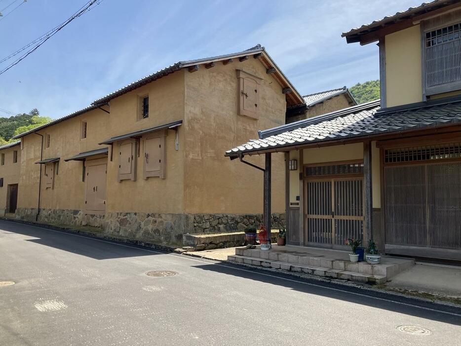 巨大な土壁の蔵。道路に面した部分はきれいに仕上げられていたが、風雨にさらされ傷ついた面もあり、歴史を感じさせた