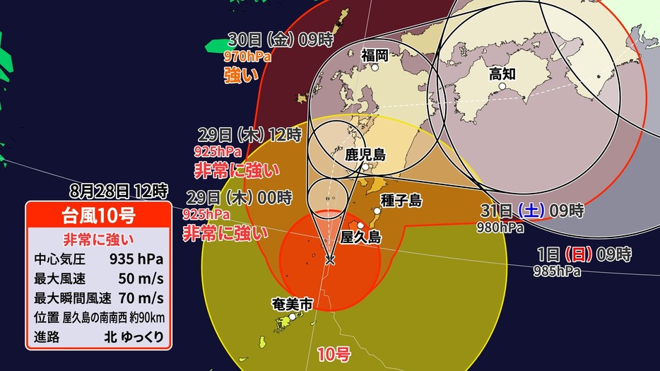 28日(水)正午の台風10号の位置と予想進路