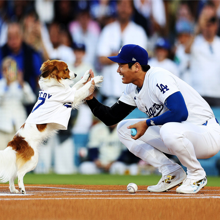 愛犬「デコピン」にハイタッチをする大谷選手。入場前から大盛り上がりだっらドジャース対オリオールズ戦は、この始球式でさらに…。